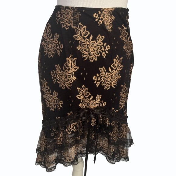 VTG Betsey Johnson NY Lace Skirt Top Set Size 8 Black Gold Sheer Pinup Retro‎ - Picture 5 of 15